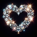 illustration of shining diamonds and jewels in a heart shape on black background