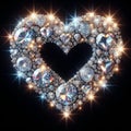 illustration of shining diamonds and jewels in a heart shape on black background