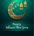 Shiny background with gold crescent moon and hanging lantern for celebration islamic new year