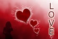 Illustration of shiny red hearts surrounded by magical stars on a red gradient background with a feminine silhouette for lovers of