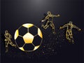 Illustration of shiny soccer ball and football players in line art on black background.