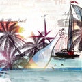 Illustration with ship bottle and palm trees for design.