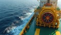 Illustration of ship equipped with massive spooling equipment on deck. Cable rolling smoothly off the vessel into the water. Royalty Free Stock Photo
