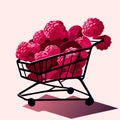 Illustration of a shopping cart filled with fresh raspberries. Generative AI