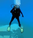 An illustration shot of a scuba diver floating