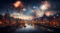 Illustration of shots of colorful fireworks on cityscape, ships, boats, water. New Year\'s fun and festiv