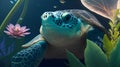 Close Up of Sea Turtle Amongst Aquatic Plants