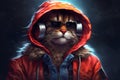 Illustration of a cat wearing headphones and a hoodie with glasses