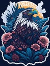 Illustration showcases a colorful eagle amidst a tapestry of beautiful flowers, a harmonious blend of nature\'s grace