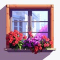 Pixelated Realism: Vibrant Illustration Of Garden Window Sill With Purple Flower Box Royalty Free Stock Photo