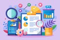 This illustration showcases customizable audit tools featuring charts, graphs, and magnifying glasses in a colorful office setting Royalty Free Stock Photo