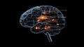 illustration showcases a glowing brain constructed from digital connections, set on a dark blue background filled with Royalty Free Stock Photo