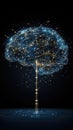 illustration showcases a glowing brain constructed from digital connections, set on a dark blue background filled with Royalty Free Stock Photo