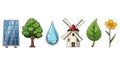 Eco-Friendly Elements: Solar Panel, Tree, Water Drop, Mill, Leaf, and Flower Royalty Free Stock Photo