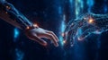 Illustration showcases the synergy between a robot and a human, hand connected by a lightning bolt. It represents the integration Royalty Free Stock Photo