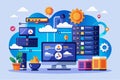 The illustration showcases web hosting and online database storage with servers, clouds, and a computer Web hosting, online Royalty Free Stock Photo