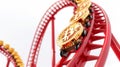 illustration showcasing Bitcoin tokens on a red roller coaster. Royalty Free Stock Photo