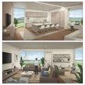 Illustration showcasing a modern open-plan living area with large windows offering Royalty Free Stock Photo