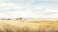 Charming Character Illustration: Panoramic Wheat Field Painting With Soft Tonal Colors