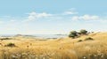 Coastal Views: A Hayao Miyazaki-inspired Digital Painting Of Grass, Trees, And The Ocean