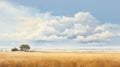 Realistic Painting Of A Field: Detailed Rendering In Light Gold And Sky-blue