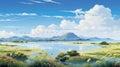 Digital Painting Of A Lively Coastal Landscape Near A Lake Royalty Free Stock Photo