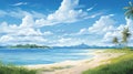 Anime-inspired Beach With Stunning Mountainous Vistas Royalty Free Stock Photo