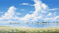 Anime-inspired Art: Serene Lake With White Clouds Royalty Free Stock Photo