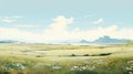 Anime-inspired Painting Of A Desolate Field With Flowers Royalty Free Stock Photo