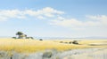 Panoramic Coastal Field Painting With Yellow Flowers And Windmill