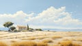 Deserted Landscape: Amber And Sky-blue Mediterranean Barn Scenery