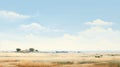 Mediterranean Landscapes: A Digital Painting Of A Grassy Field With A Large House And Sky