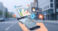 Augmented reality navigation app on smartphone with map, location pins, weather icons, and chat bubbles Royalty Free Stock Photo