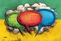 Comic book-style speech bubbles in vibrant colors with textured cloud background Royalty Free Stock Photo