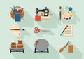 Illustration showcasing various crafting tools and materials. Includes a basket with knitting Royalty Free Stock Photo