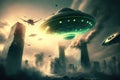 Illustration showing an attack by flying alien UFO saucers on a city Royalty Free Stock Photo