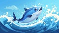 Illustration showing a bluefin tuna jumping out of strong waves splashing water across the sea on a blue background in Royalty Free Stock Photo