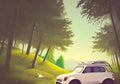 An Illustration showing a car camped out in the wilderness among tall trees and lush vegetation