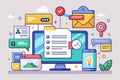 Illustration showing a desktop computer with a checklist, surrounded by icons like a phone, email, and other devices, Notify Royalty Free Stock Photo