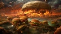 Illustration showing the end of the world and scattered hamburgers