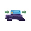 Illustration showing how to pay by plastic card through POS-terminal. Modern banking technologies. Flat vector icon