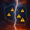 Poland weather alert map with lightning strike and warning signs indicating storm danger Royalty Free Stock Photo