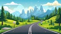 An illustration showing a mountain valley landscape with an asphalt road, forest, trees and green grass. The scene shows Royalty Free Stock Photo