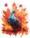 Illustration showing a young turkey over a ble autumn leaves white background. Turkey as the main dish of thanksgiving for the