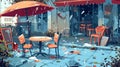 This illustration shows an abandoned outdoor street cafe on a city square park. Messy outside cafeteria with broken Royalty Free Stock Photo