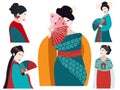 The illustration shows Asian girls in national costumes.