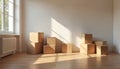 Illustration shows cardboard boxes stacked in empty room, suggesting relocation storage. Sunlight streams through window, casting Royalty Free Stock Photo