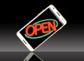 This illustration shows cell phone with an open sign to say I am open for business on my cell phone. Royalty Free Stock Photo