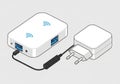 Illustration shows a compact wireless router alongside a power Royalty Free Stock Photo