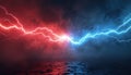 Illustration shows confrontation concept with red, blue lightning bolts colliding. Represents fight, struggle, battle, conflict Royalty Free Stock Photo